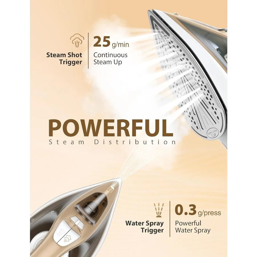 1500W Steam Iron for Clothes with 11.84oz Water Tank 15-Second Fast Heat-Up Ceramic Soleplate Anti-Drip Auto-Off Burst of Steam