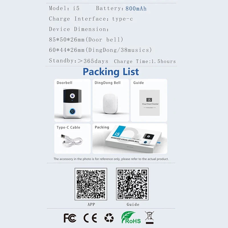 WiFi Wireless Video Doorbell Night Vision Doorbell Camera Two-way Audio Smart Door Bell for Home Security Alarm System