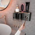 Toothbrush Holder with Toothpaste Dispenser, Wall Mounted Bathroom Organizer for 2 Cups, Storage for Toothbrushes and Razors