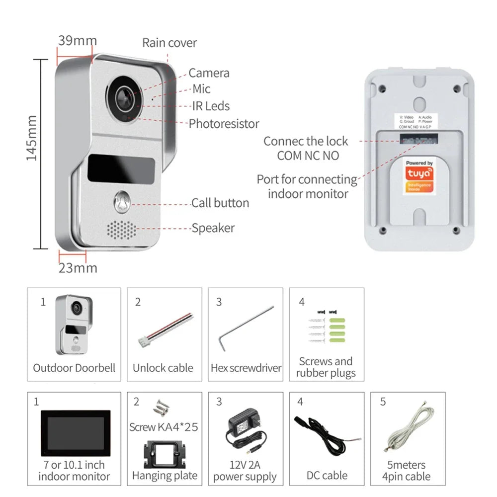 Door Intercom Doorbell, 10.1 Inch, 1080P HD Color, CMOS, WiFi & Tuya App, IR CCTV Camera with Night Vision, Video & Calling