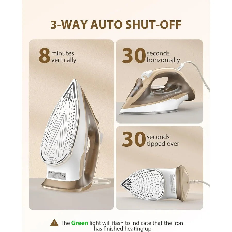 1500W Steam Iron for Clothes with 11.84oz Water Tank 15-Second Fast Heat-Up Ceramic Soleplate Anti-Drip Auto-Off Burst of Steam