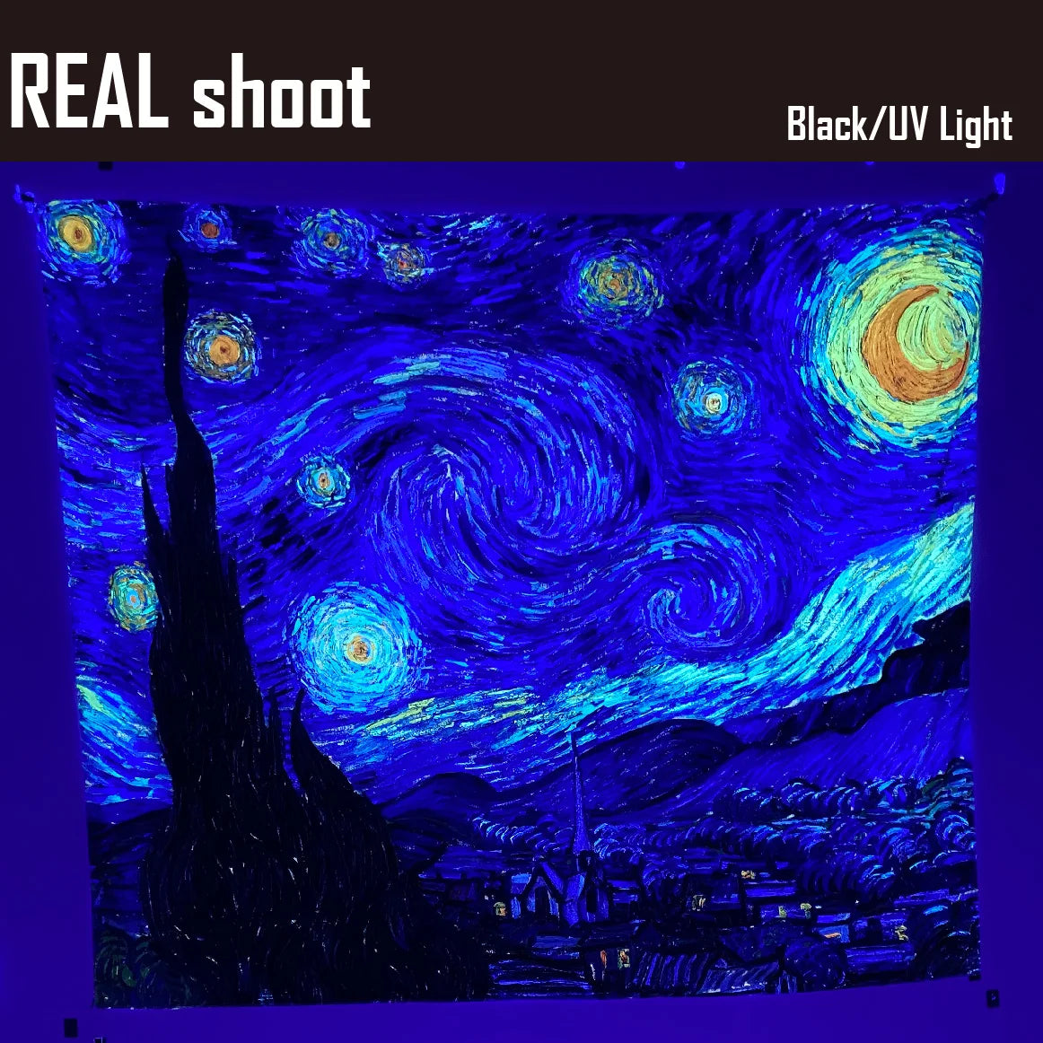 Starry Night Blacklight Tapestry by Van Gogh Wall Art for Bedroom Aesthetic, Abstract Wall Hanging UV Reactive Fabric Poster for