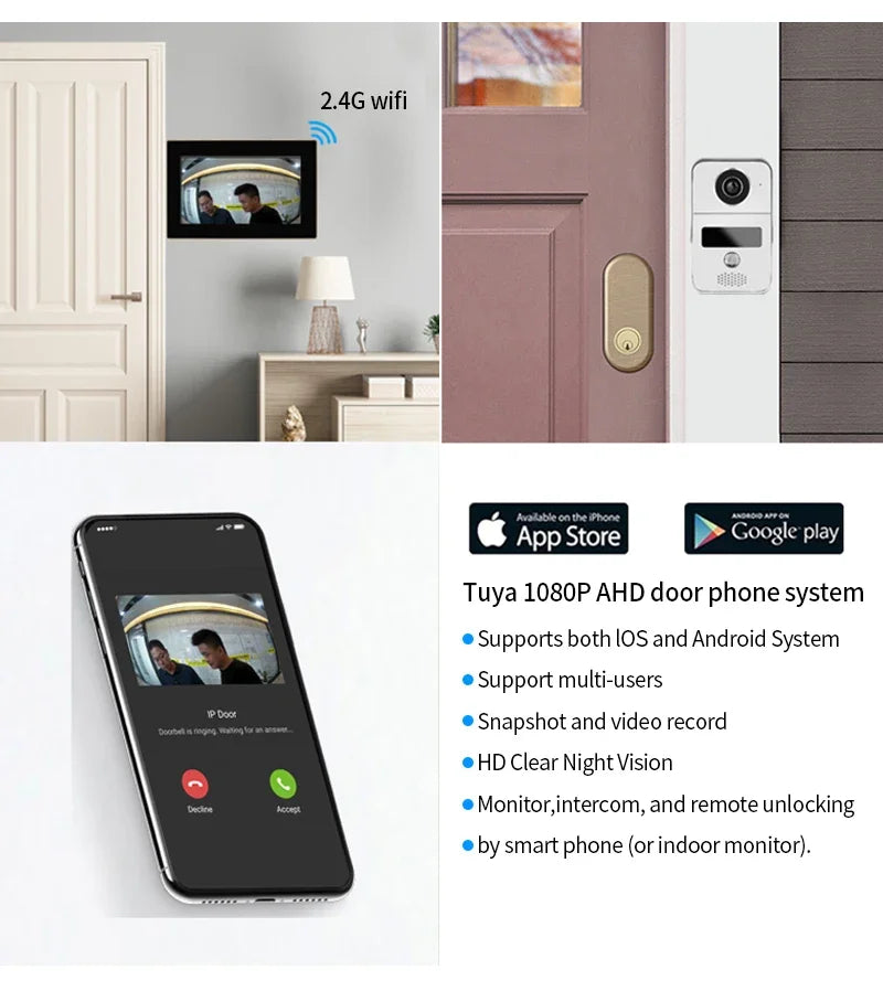 Door Intercom Doorbell, 10.1 Inch, 1080P HD Color, CMOS, WiFi & Tuya App, IR CCTV Camera with Night Vision, Video & Calling