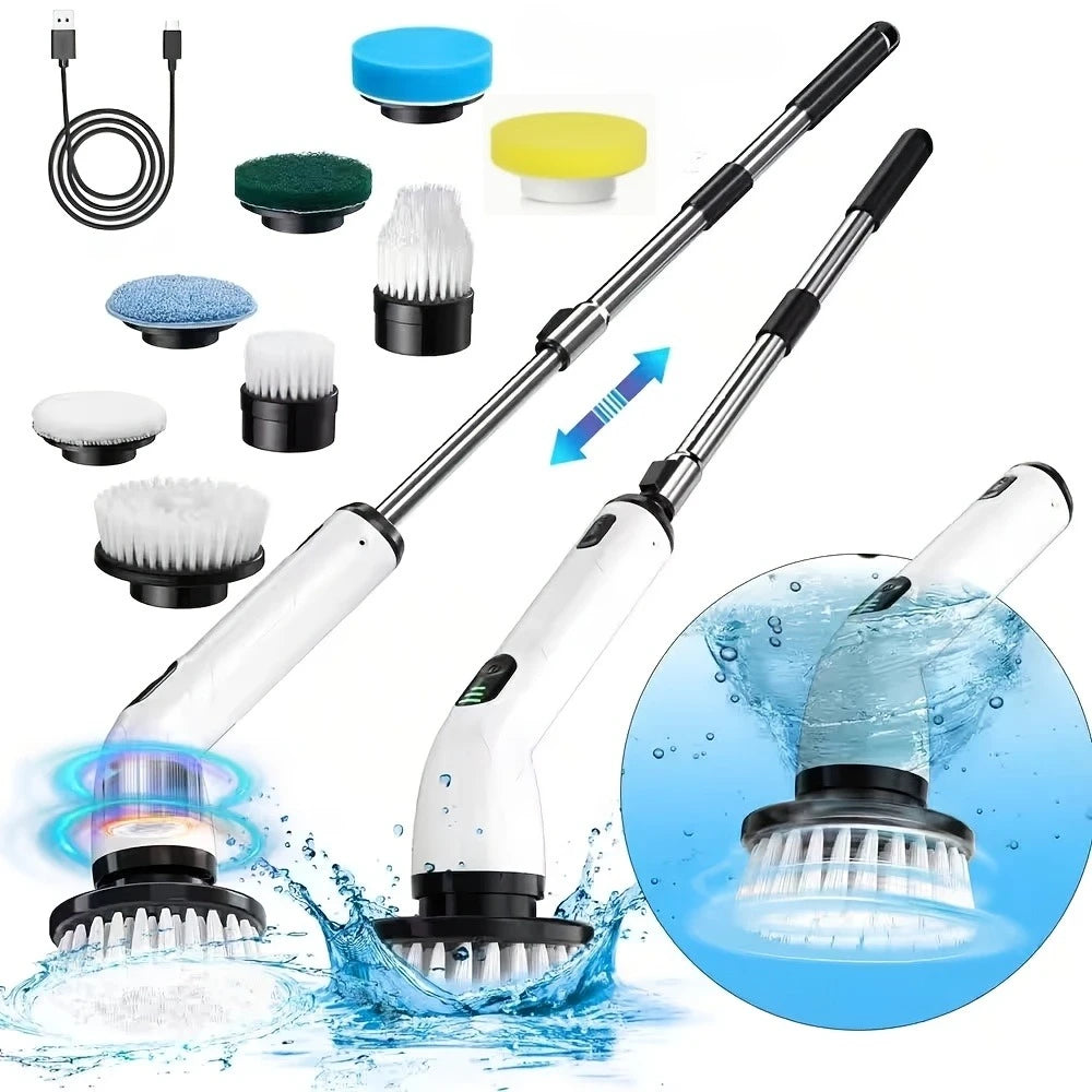 9-in-1 USB Rechargeable Electric Cleaning Brush with Telescopic Handle & 8 Interchangeable Brush Heads for Bathroom, Kitchen, Home & Car Cleaning