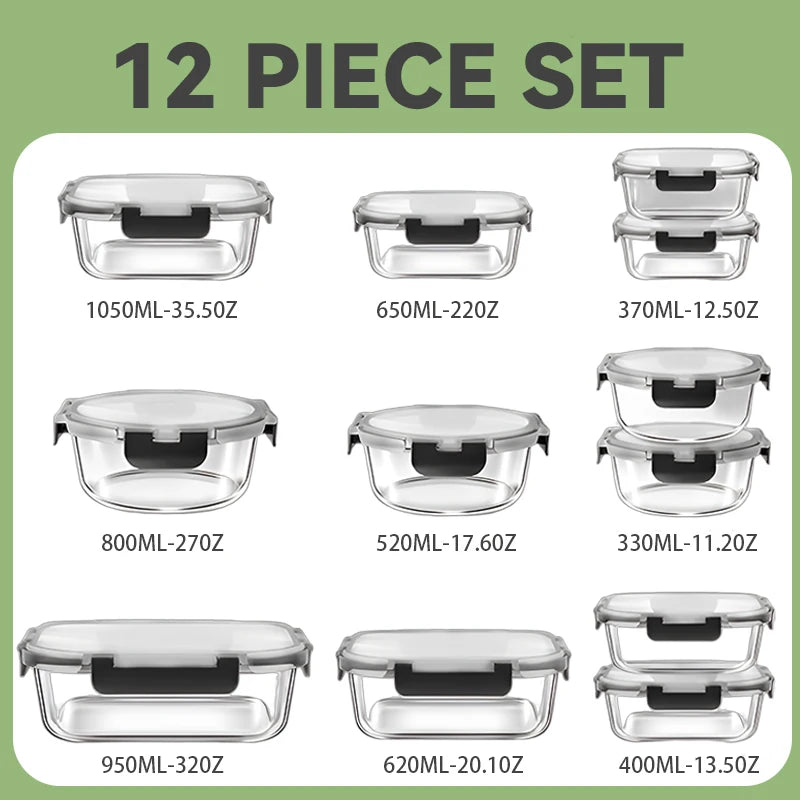 12-Piece Glass Lunch Box Food Storage Containers Set – Airtight BPA-Free Meal Prep Bento Boxes for Microwave, Freezer & Dishwasher