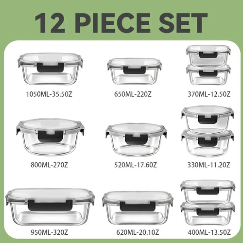 12-Piece Glass Lunch Box Food Storage Containers Set – Airtight BPA-Free Meal Prep Bento Boxes for Microwave, Freezer & Dishwasher