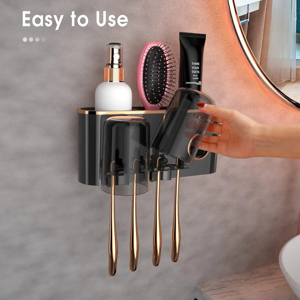 Toothbrush Holder with Toothpaste Dispenser, Wall Mounted Bathroom Organizer for 2 Cups, Storage for Toothbrushes and Razors