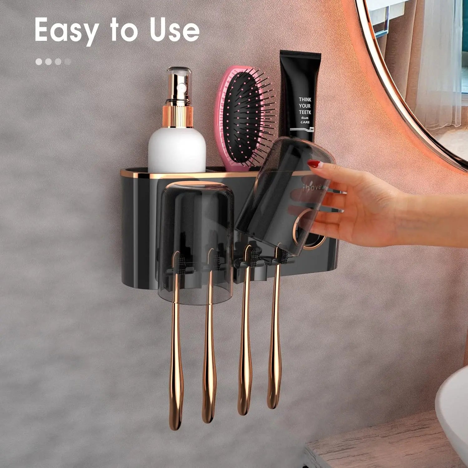 Toothbrush Holder with Toothpaste Dispenser, Wall Mounted Bathroom Organizer for 2 Cups, Storage for Toothbrushes and Razors