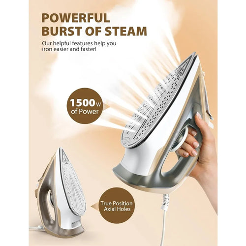 1500W Steam Iron for Clothes with 11.84oz Water Tank 15-Second Fast Heat-Up Ceramic Soleplate Anti-Drip Auto-Off Burst of Steam