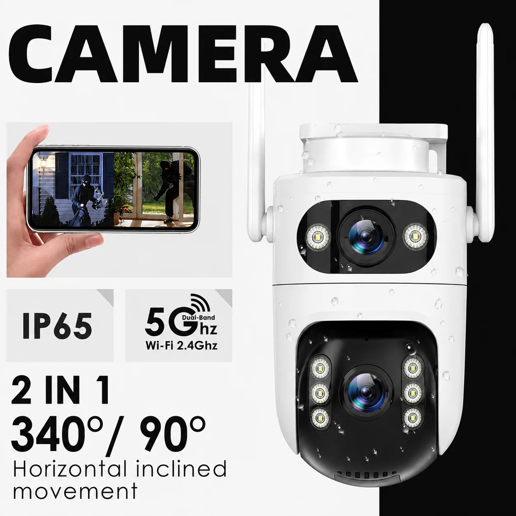 Smart Security Camera with Dual Lens: 2K HD Day & Night Vision, Motion Detection, Two-Way Audio, IP65 Waterproof, Cloud & Local
