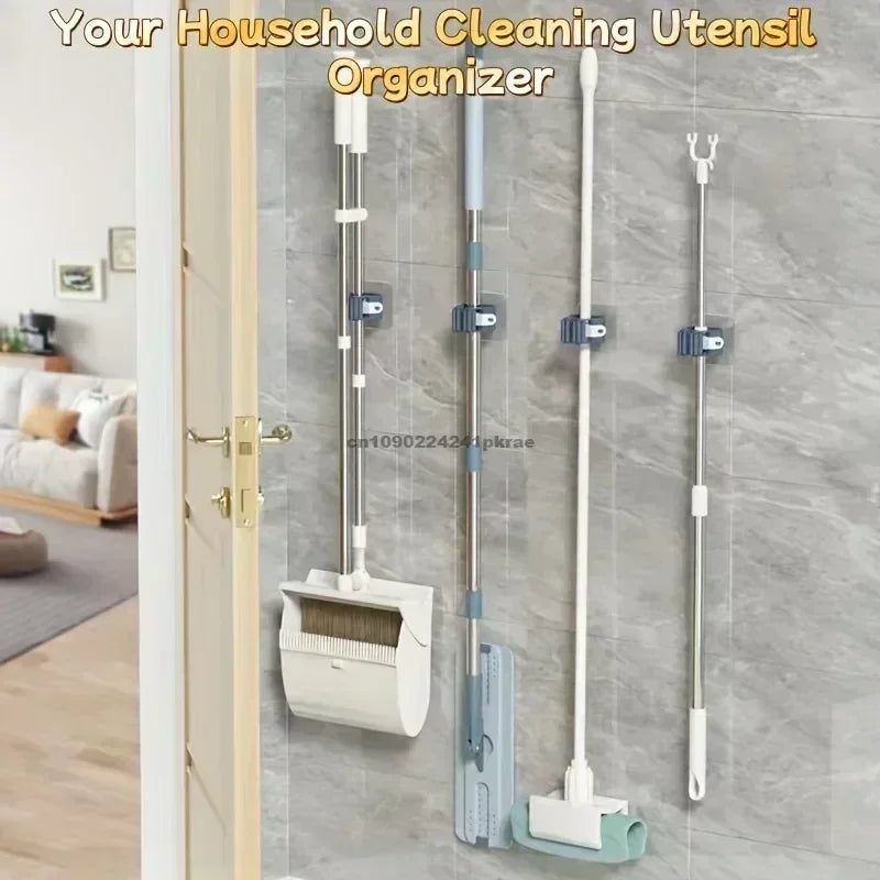 2PCS Mop Storage Storage Rack Bathroom Suction Hanging Pipe Traceless Mop Clip Broom Hanger Wall-Mounted Waterproof Mop Rack