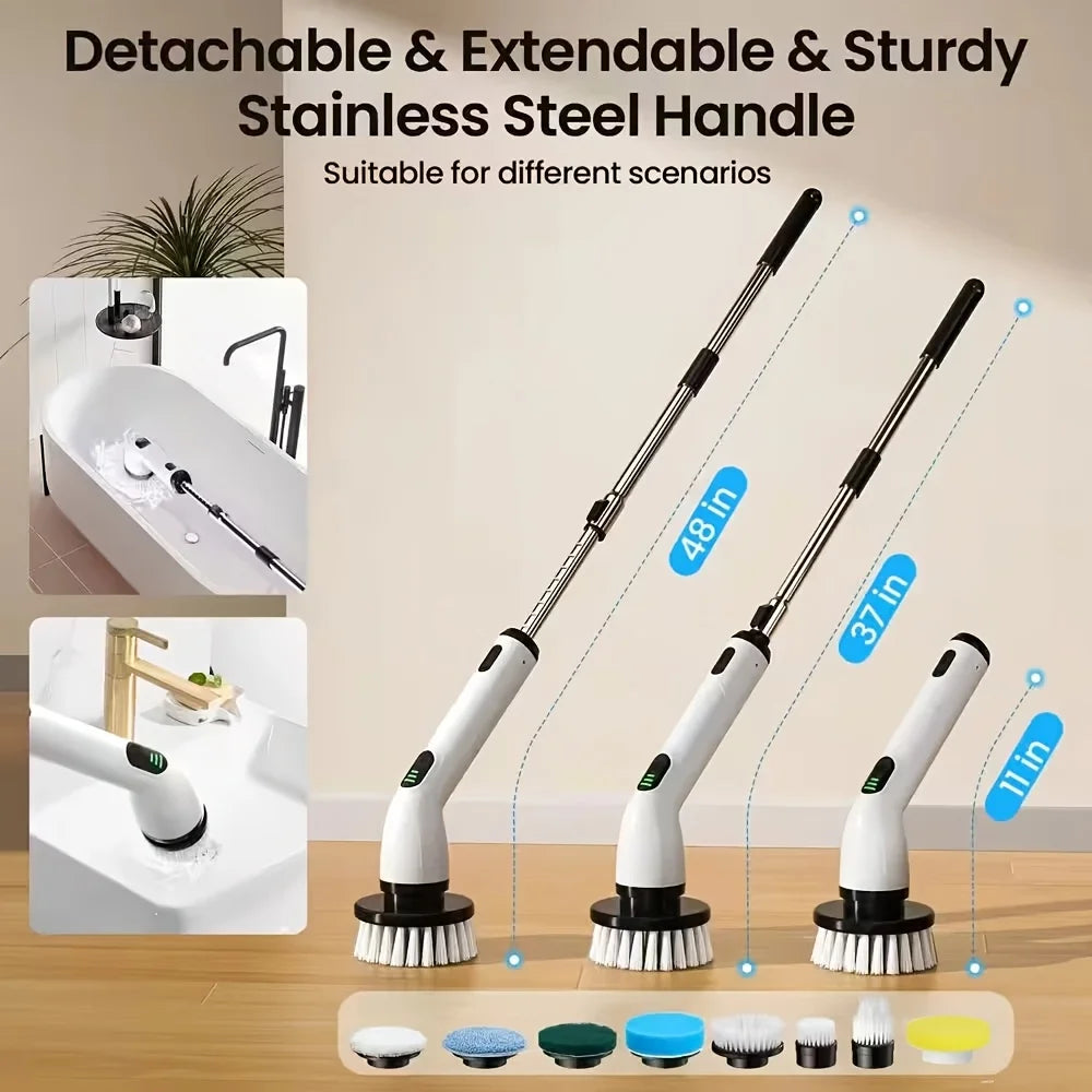 9-in-1 USB Rechargeable Electric Cleaning Brush with Telescopic Handle & 8 Interchangeable Brush Heads for Bathroom, Kitchen, Home & Car Cleaning