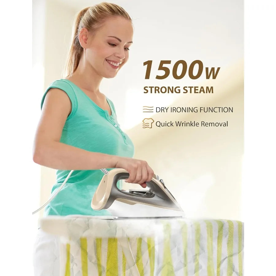1500W Steam Iron for Clothes with 11.84oz Water Tank 15-Second Fast Heat-Up Ceramic Soleplate Anti-Drip Auto-Off Burst of Steam