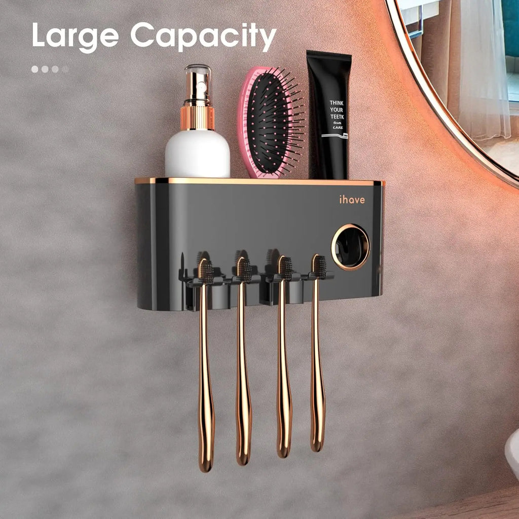 Toothbrush Holder with Toothpaste Dispenser, Wall Mounted Bathroom Organizer for 2 Cups, Storage for Toothbrushes and Razors