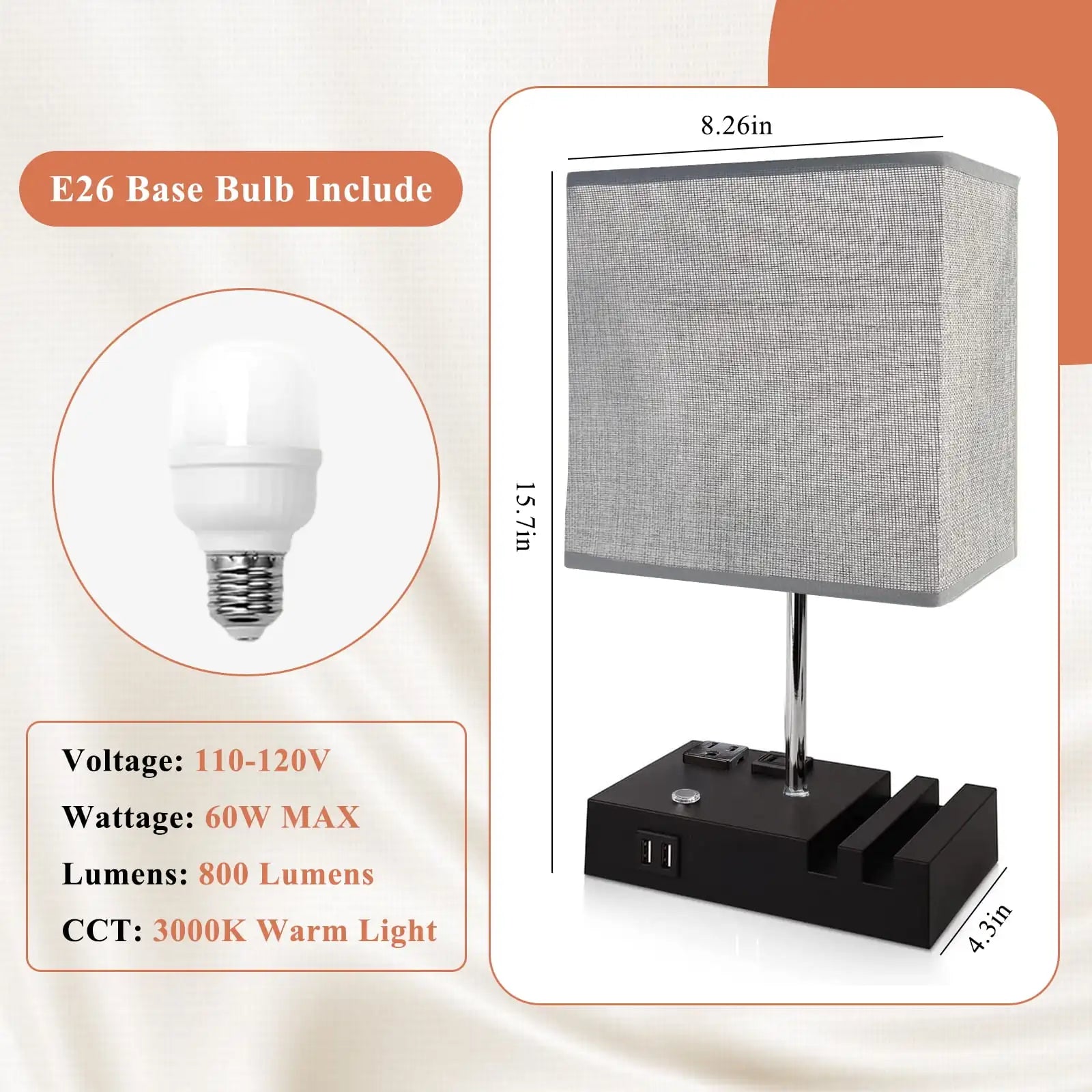 SZRSTH 15.7" Bedside Table Lamp for Bedroom, Dual Fast USB Charging Ports, Fully Dimmable Nightstand Lamps