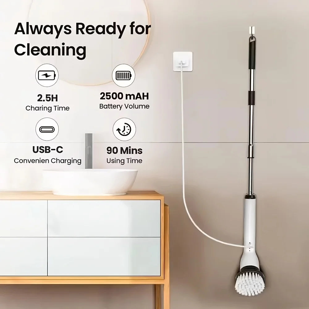 9-in-1 USB Rechargeable Electric Cleaning Brush with Telescopic Handle & 8 Interchangeable Brush Heads for Bathroom, Kitchen, Home & Car Cleaning