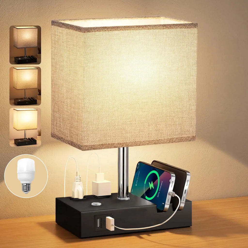 SZRSTH 15.7" Bedside Table Lamp for Bedroom, Dual Fast USB Charging Ports, Fully Dimmable Nightstand Lamps