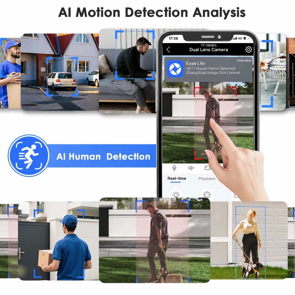 Smart Security Camera with Dual Lens: 2K HD Day & Night Vision, Motion Detection, Two-Way Audio, IP65 Waterproof, Cloud & Local