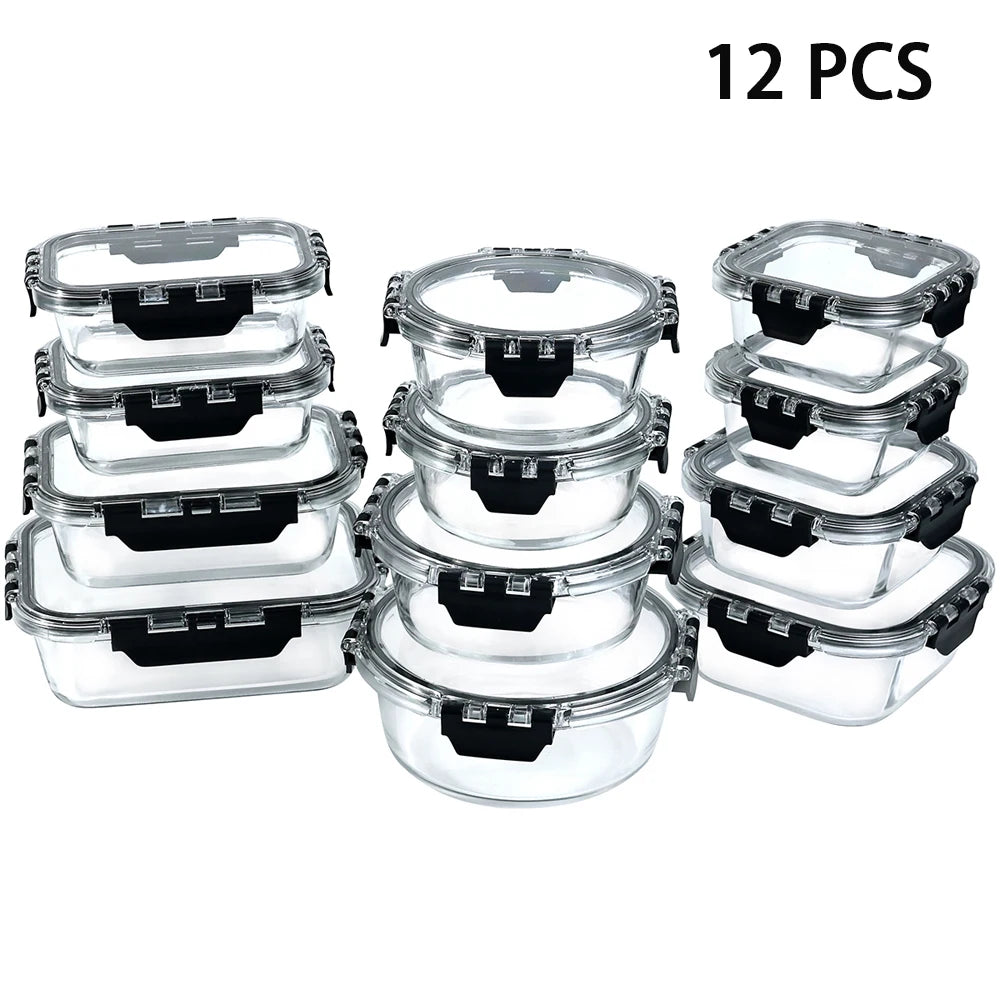 12-Piece Glass Lunch Box Food Storage Containers Set – Airtight BPA-Free Meal Prep Bento Boxes for Microwave, Freezer & Dishwasher