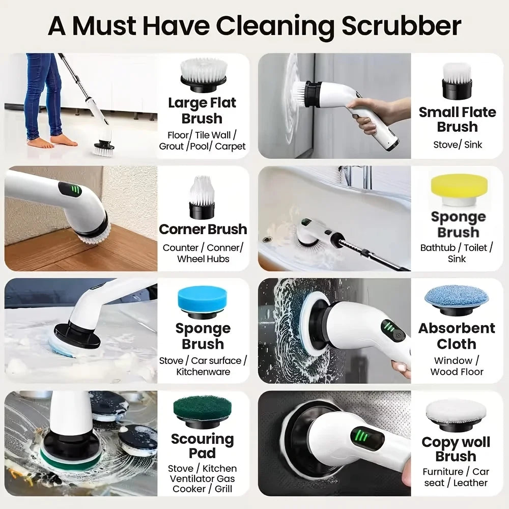 9-in-1 USB Rechargeable Electric Cleaning Brush with Telescopic Handle & 8 Interchangeable Brush Heads for Bathroom, Kitchen, Home & Car Cleaning