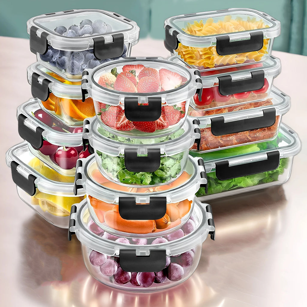 12-Piece Glass Lunch Box Food Storage Containers Set – Airtight BPA-Free Meal Prep Bento Boxes for Microwave, Freezer & Dishwasher