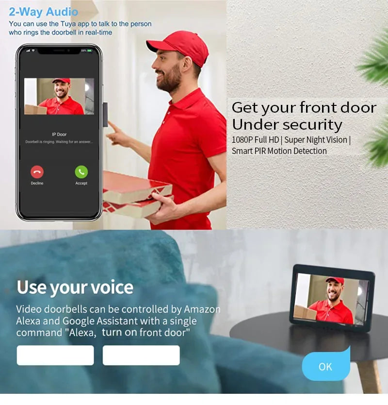 Door Intercom Doorbell, 10.1 Inch, 1080P HD Color, CMOS, WiFi & Tuya App, IR CCTV Camera with Night Vision, Video & Calling